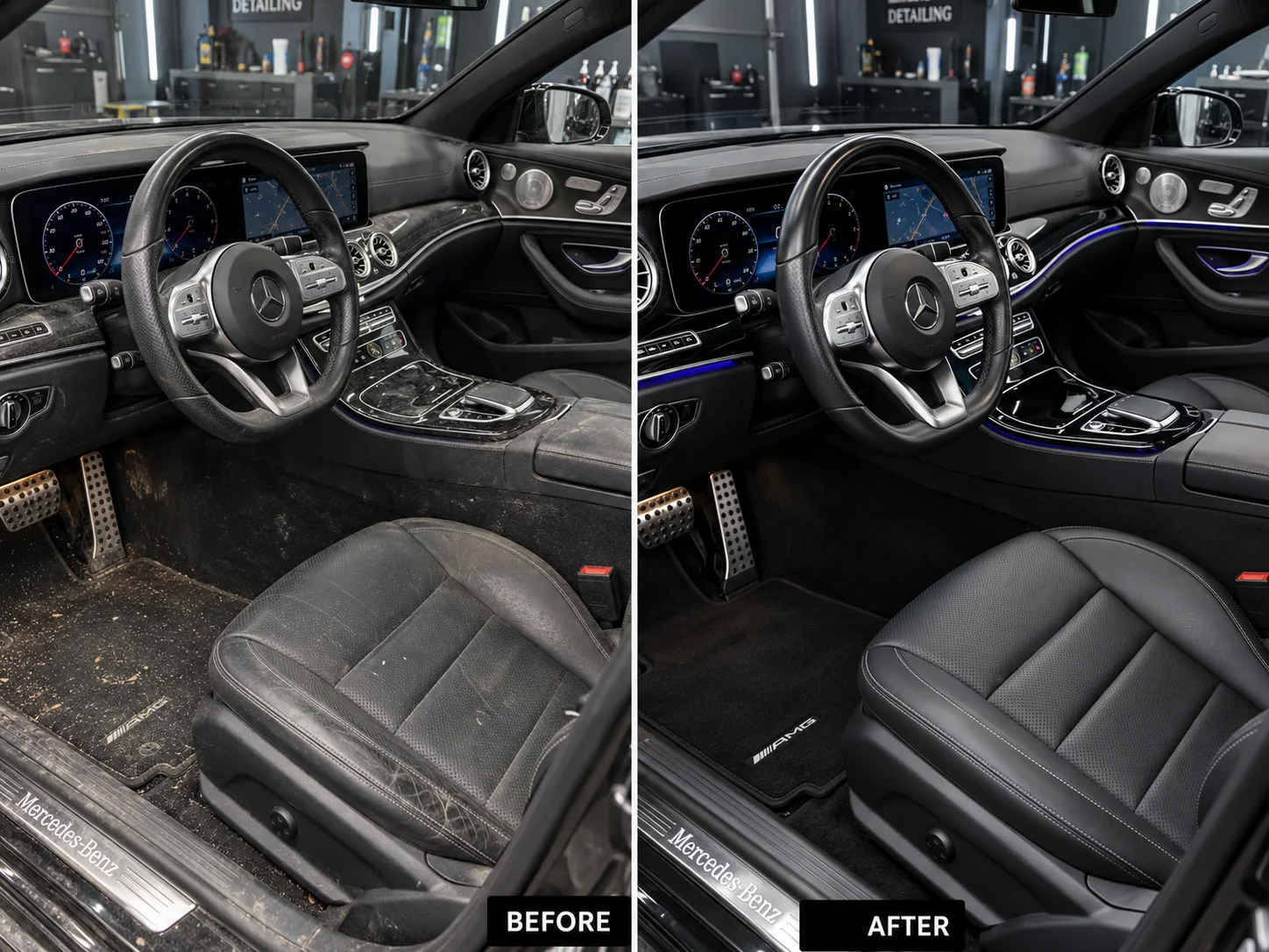 Vorher-Nachher Innenraumaufbereitung Mercedes bei Jor's Carservice